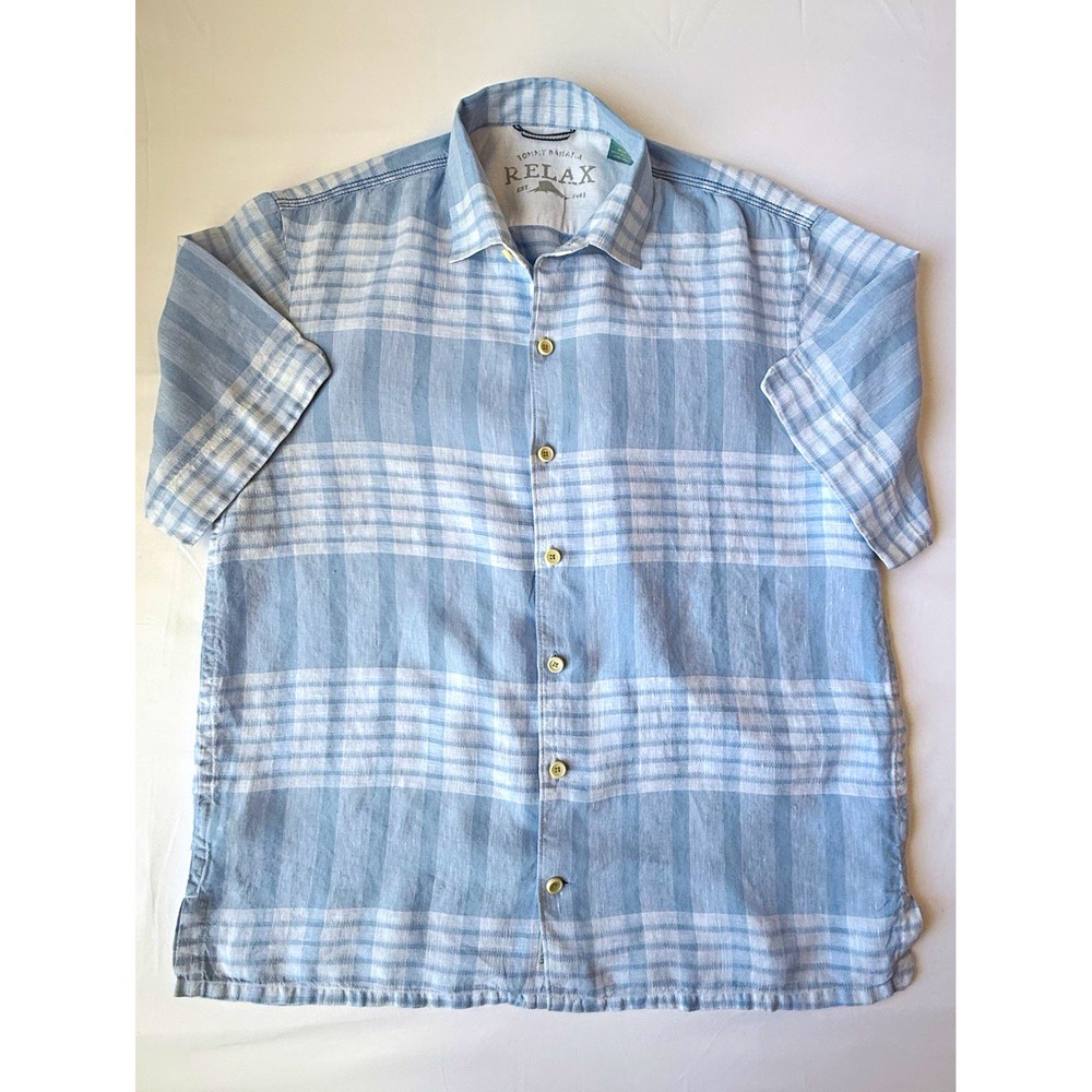 Tommy Bahama Relax Men's M Blue White Plaid Linen Short Sleeve Button Up Shirt